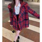 Long-sleeve Ruffle Blouse / Plaid Loose-fit Coat / Plain Slim-fit Overall Dress