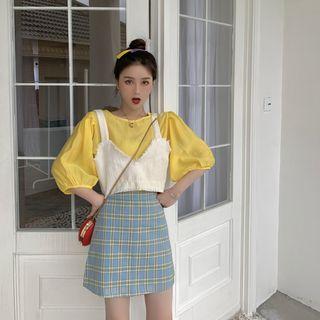 Puff-sleeve Blouse / Plain Camisole Top / Plaid Slim-fit Skirt