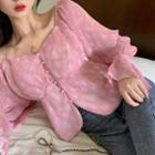 Square-neck Pleated Tie-dye Chiffon Button-up Cropped Blouse
