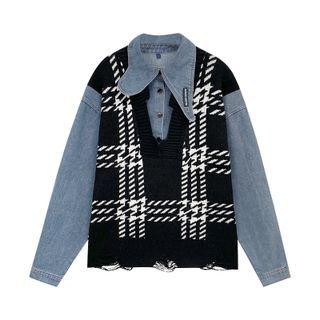 Plaid Panel Denim Shirt Plaid - Black & White & Denim Blue - One Size