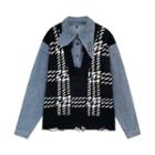 Plaid Panel Denim Shirt Plaid - Black & White & Denim Blue - One Size