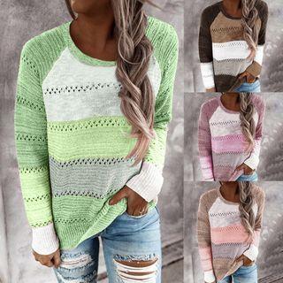 Long-sleeve Striped Pointelle Knit Top