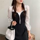 Mock Two-piece Long-sleeve Dotted Midi A-line Dress Black - One Size