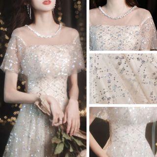 Mesh Sequined A-line Cocktail Dress