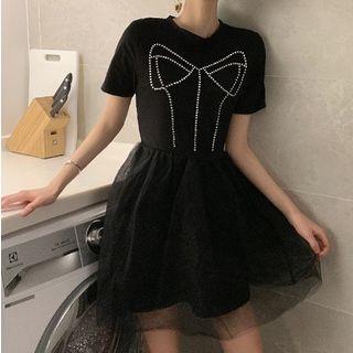 Short-sleeve Rhinestone Overlay A-line Dress Black - One Size