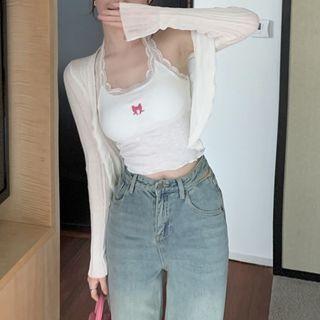 Halter-neck Lace Trim Camisole Top / Long-sleeve Plain Cardigan