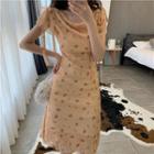 Tie-shoulder Flutter-sleeve Floral Midi Dress