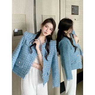 Tassel Trim Houndstooth Jacket Blue - One Size
