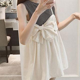 Mock Two-piece Striped Sleeveless Ribbon Dress