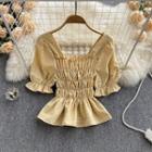 Bell-sleeve Plaid Crinkle Blouse