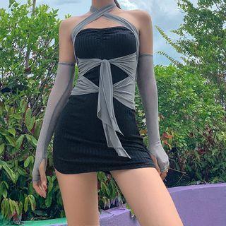 Set: Halter-neck Mini Sheath Dress + Sleeves