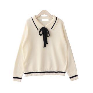Contrast-trim Bow Accent Knit Pullover
