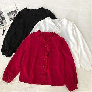 Plain Ruffled-trim Panel V-neck Long-sleeve Blouse