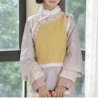 Long-sleeve Midi Qipao Dress / Fluffy Trim Embroidered Vest