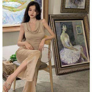 Cowl-neck Ruched Plain Top / Slited Straight-cut Pants