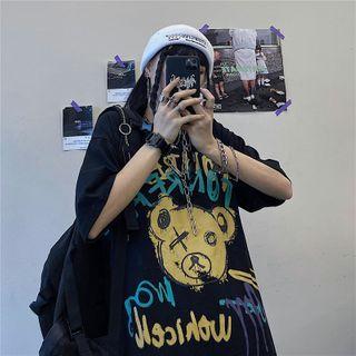 Cartoon Bear Lettering Short-sleeve Round Neck T-shirt Black - One Size