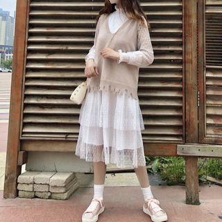 Mesh Long-sleeve Dress / V-neck Knit Vest