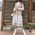 Mesh Long-sleeve Dress / V-neck Knit Vest