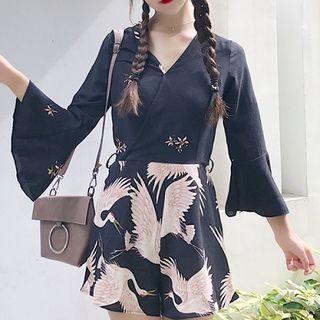 Crane Print 3/4 Sleeve Playsuit