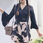 Crane Print 3/4 Sleeve Playsuit