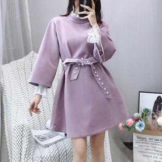 Faux-pearl Belted Lace Trim Dress