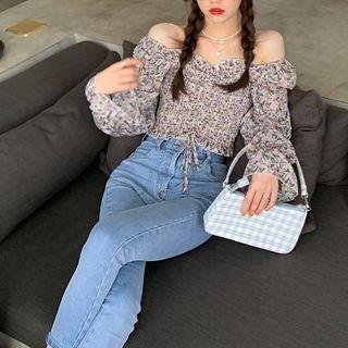 Puff-sleeve Off Shoulder Floral Print Top