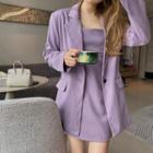 Plain Single-button Blazer / Spaghetti Strap Mini Sheath Dress
