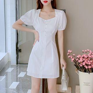 Puff-sleeve Square Neck Chiffon Dress