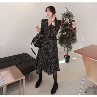 Pattern Ruffle-trim Long Surplice-wrap Dress