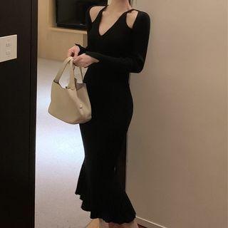 Long-sleeve Cut-out Ruffle Hem Knit Midi Sheath Dress