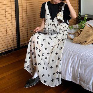 Set: Butterfly Print Midi A-line Overall Dress + T-shirt T-shirt & Dress - Black & Almond - One Size