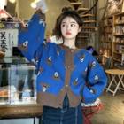 Bear Print Loose-fit Cardigan Blue - One Size
