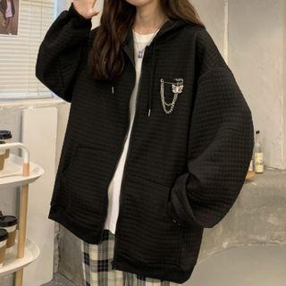 Waffle Zip Hoodie With Butterfly Brooch