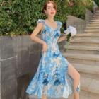 Ruffle Strap Tie-dyed Midi A-line Dress