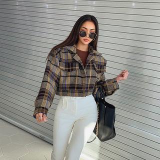 Flap-detail Plaid Cropped Jacket