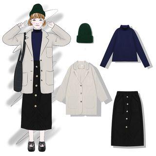 Long-sleeve Turtleneck T-shirt / Loose Fit Blazer / Buttoned Midi Skirt