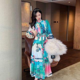 Long-sleeve Stand Collar Belted Print Ruffled Midi A-line Dress