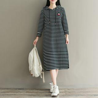 Striped Long-sleeve Hooded Midi Dress