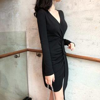 Long-sleeve Asymmetric Sheath Dress Black - One Size