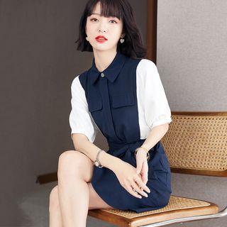 Elbow-sleeve Two-tone Mini Sheath Shirtdress