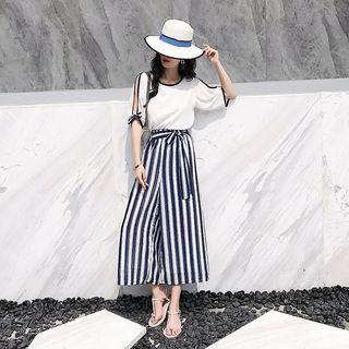 Set: Elbow-sleeve Cold-shoulder Chiffon Top + Striped Wide-leg Pants