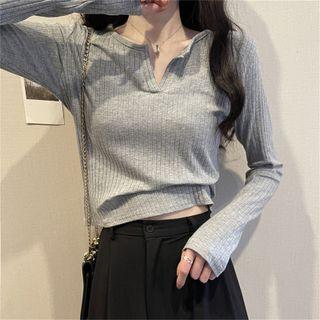 Long-sleeve Open-placket Cropped T-shirt