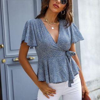 Short-sleeve Floral Wrap Top
