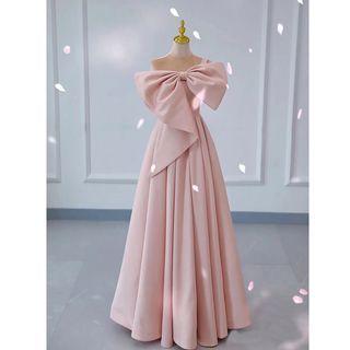 Sleeveless One-shoulder Bow Evening Gown