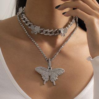 Set Of 2: Layered Rhinestone Butterfly Pendant Necklace