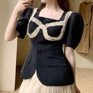 Puff-sleeve Ruffle Trim Single Breasted Blazer