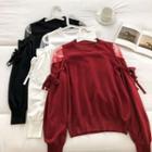 Mesh Off-shoulder Panel Lace-up Long-sleeve Knit Top