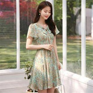Tie-neck Floral Chiffon Flare Dress