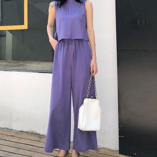 Set: Sleeveless Top + Drawstring Wide-leg Pants