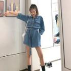 3/4-sleeve Loose-fit Denim Playsuit As Figure - One Size